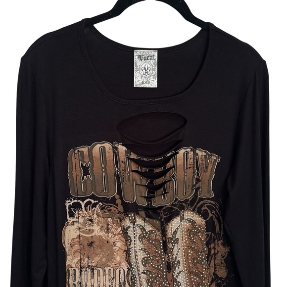 Vocal Black Distressed Cowboy Rodeo Rhinestoned Super Soft Long Sleeve Size L - Picture 3 of 8